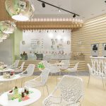 Дизайн интерьера кафе в эко стиле, деревянные панели на стенах, белые столики и стулья, параметрический потолок
