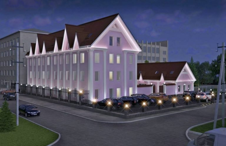 Световое оформление фасада админитративного здания,3д изображение для девелоперов, застройщиков и строительной компании