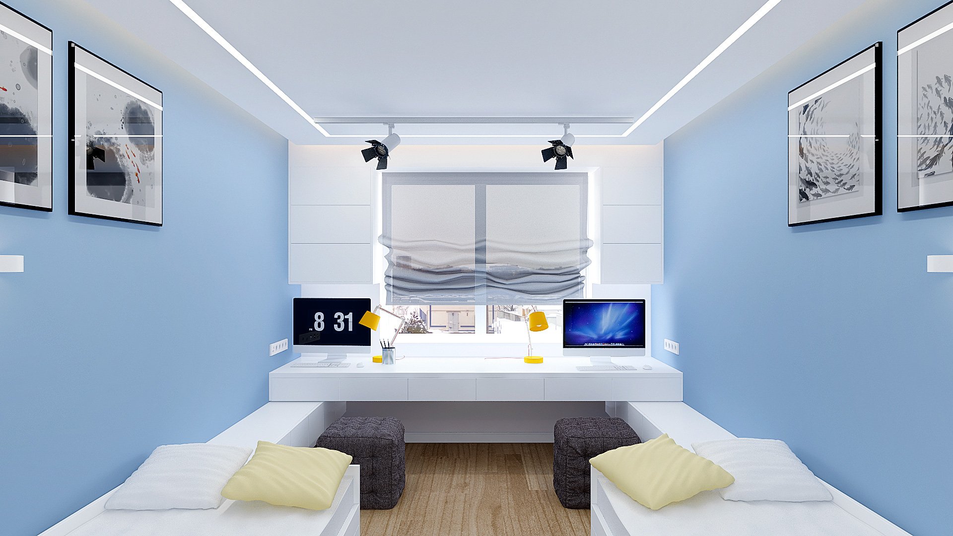 Дизайн интерьера детской комнаты в Гомеле, Изображение № 1, письменный стол у окна, кровати ИКЕА в интерьере детской, детская для двоих подростков, светильники на шинопроводе, голубые стены