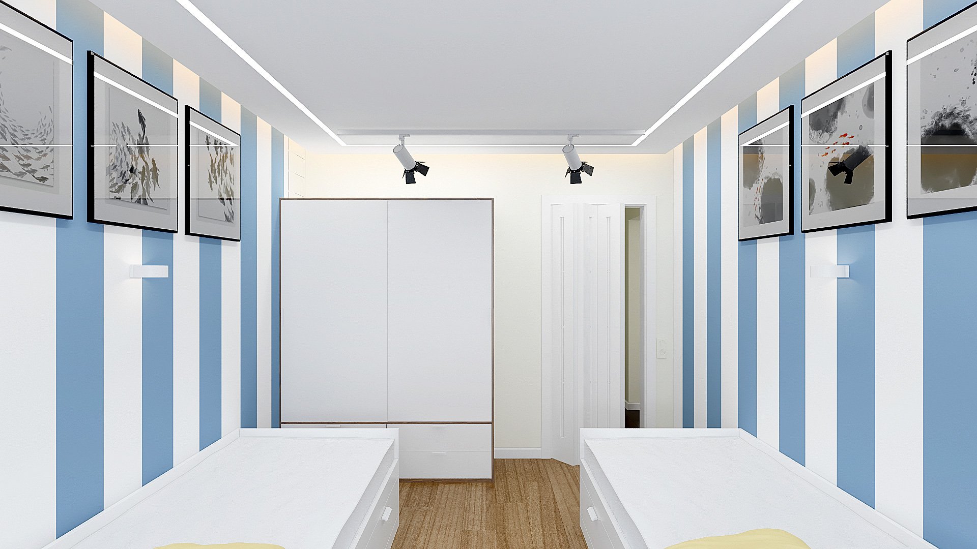 Дизайн интерьера детской комнаты в Гомеле, Изображение № 1, письменный стол у окна, кровати ИКЕА в интерьере детской, детская для двоих подростков, светильники на шинопроводе, голубые стены