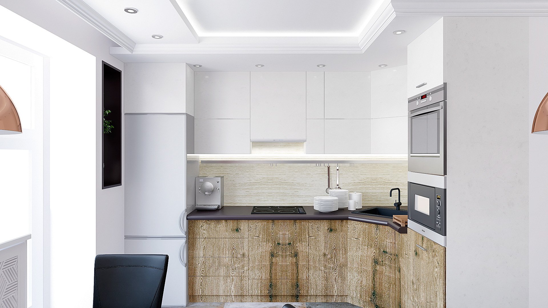 Дизайн интерьера квартиры в Гомеле, Зона кухни-гостиной-прихожая, белый диван, темно-коричневая стена, полки с подсветкой, подвесные светильники, интерьер кухни в гомеле в современном стиле №3