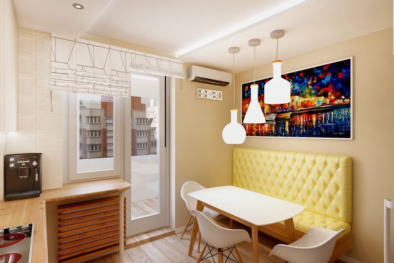 дизайн интерьера кухни в современном стиле, Гомель 2018, фото №2, подвесной диванчик в кухне