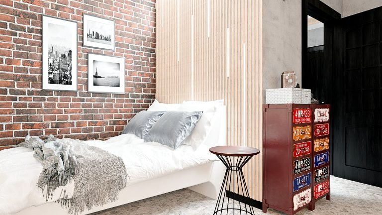 Дизайн однокомнатной квартиры в Гомеле, Гостиная - спальня в стиле лофт в квартире изображение 4, зона спальни, рейки на стене, кирпичная стена возле кровати