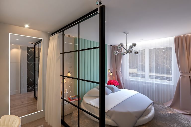 Светлая спальня в современном стиле фото, дизайн, 15 - 16 кв. м., шторы и тюль с подсветкой, зеленая обивка изголовья