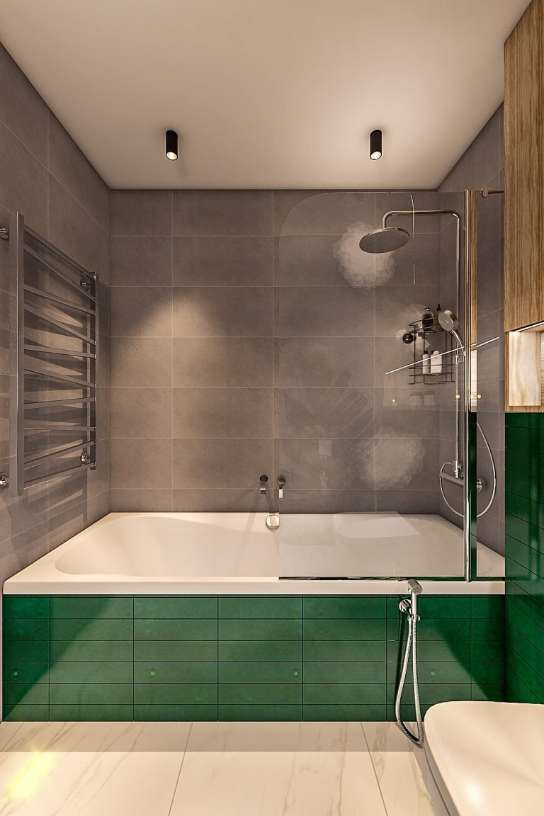 ванная комната в стиле лофт, темная плитка, зеленая плитка на экран ванной, душевой гарнитур, шторка стеклянная на ванну, вид 2