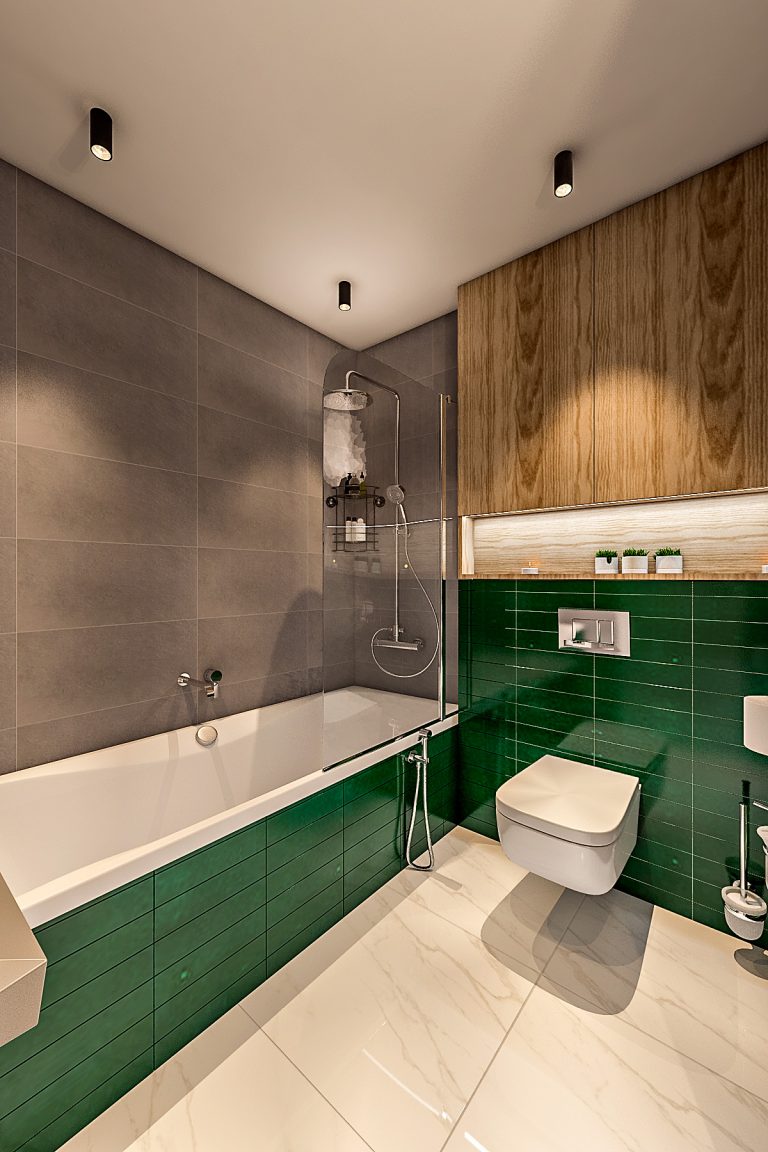 ванная комната в стиле лофт, темная плитка, зеленая плитка на экран ванной, душевой гарнитур, шторка стеклянная на ванну, подвесной унитаз, полка с подсветкой над унитазом, шкафчик над инсталляцией вид 3