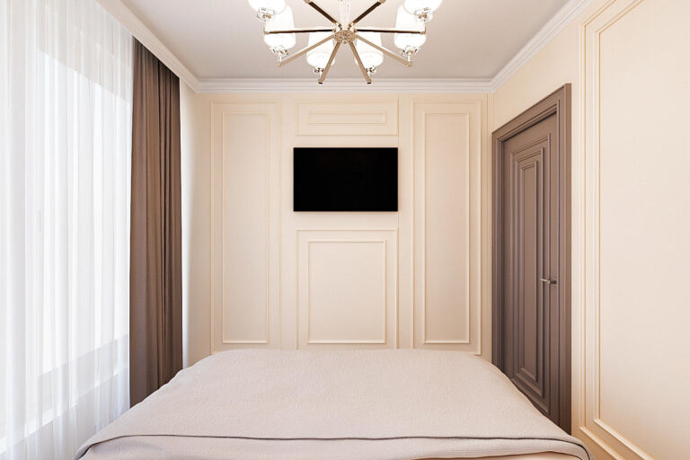 минималистичный интерьер спальни 9 квадратных метров, 9 кв. м. современная классика или неоклассика в светлых пастельных оттенках, встроенный шкаф в спальне, дверь мдф невидимка под окраску и задекорирована в цвет стен создавая симметрию