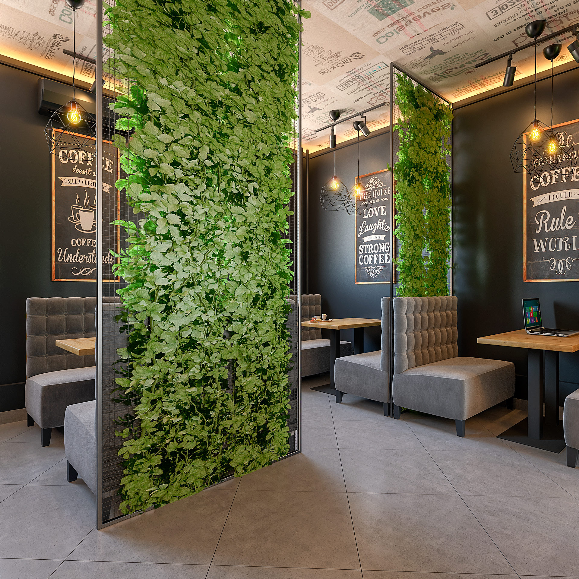 ракурс на решетки в кафе с искусственными растениями которые затеняют и разделяют пространство
